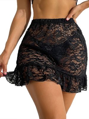 iEFiEL Womens See-through Lace Ruffled Skirt Beach Cover-ups High Waist Mini Skirt