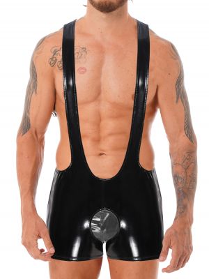 iEFiEL Mens Crotchless Bodysuit Back Cross Wetlook Patent Leather Jockstrap Skinny Jumpsuit