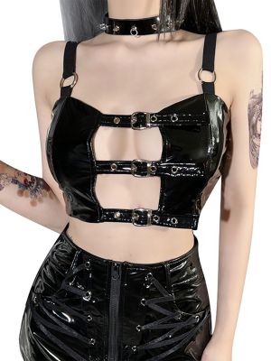 iEFiEL Womens Hollow Out Camisole Cutout Patent Leather Vest Adjustable Buckles Crop Top