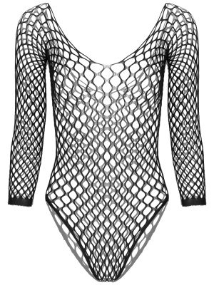 IEFIEL iEFiEL Womens Hollow Out Fishnet Long Sleeve Bodysuit Nightwear Sleepwear High Cut Leotard
