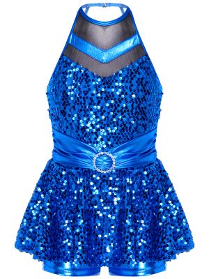 iEFiEL Girls Stylish Clothing Sleeveless Hollow Back Shiny Sequins Patchwork Jazz Dance Dress