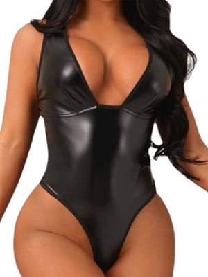 iEFiEL Womens Deep V Neck Backless Bodysuit Faux Leather High Cut Catsuit Clubwear