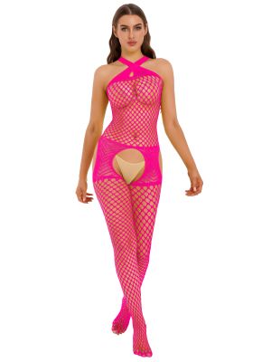 Women Sleeveless Halter Neck Hollow Out Fishnet Crotchless Jumpsuit Bodystocking