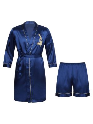 iEFiEL Mens Satin Dragon Embroidery Night-Robe Loungewear Nightwear Belted Bathrobe with Shorts