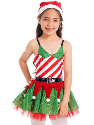 iEFiEL Kids Girls Christmas Dress up Suit Pom-pom Sequins Striped Dress built-in Briefs Glossy Leather Waist Belt Hat