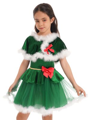 iEFiEL 2Pcs Kids Girls Christmas Dance Dress Up Costume White Feather Bowknot Velvet Tulle Patchwork Tutu Dress and Cape Suit