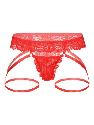 iEFiEL Mens Sissy Sheer Lace Bulge Pouch Thong Low Rise Garter Belt T-back G-string Underwear