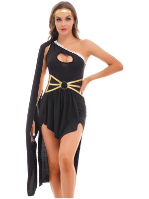 iEFiEL Womens Halloween Role Play Outfit Costume One Shoulder Dress with Hollow Out O-Ring Corset Headwear