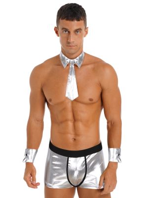 iEFiEL Mens Sexy Role-Play Costume Outfit Metallic Bulge Pouch Boxer Shorts with Detachable Collar Necktie Cuffs
