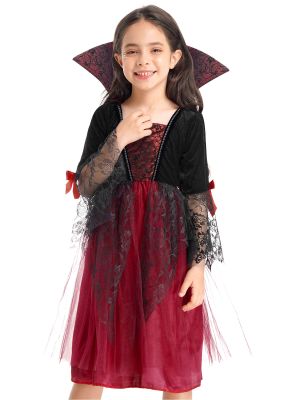 iEFiEL Kids Girls Halloween Vampire Cosplay Costume Jacquard Cape Velvet Tulle Dress for Carnivals Performance