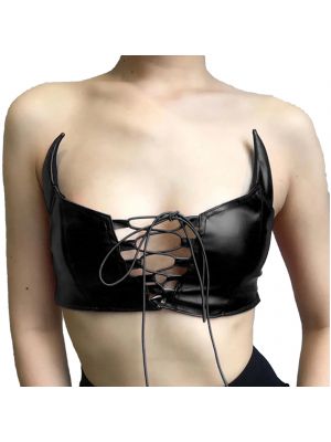 iEFiEL Womens Devil Horn Strapless Crop Top PU Leather Vest Lace-up Tube Top Clubwear
