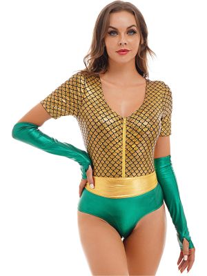 iEFiEL Womens Halloween Costume Role Play Outfit Fish Scales Prints Bodysuit with Belt Gloves