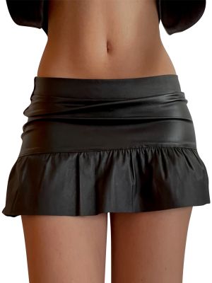 iEFiEL Womens Low Waist Faux Leather Ruched Skirt Solid Ruffled Miniskirt Clubwear