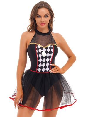 iEFiEL Womens Halloween Clown Costume Role Play Outfit Plaid Patchwork Sleeveless Backless Flared Dress
