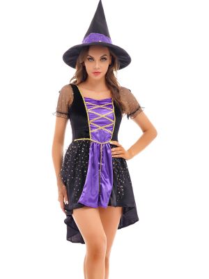 iEFiEL Womens Halloween Witch Role Play Outfit Costume Puff Sleeve Asymmetrical Hem Dress with Hat