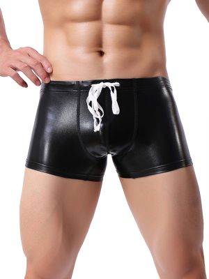 iEFiEL Mens Drawstring Boxer Briefs Underwear Faux Leather Trunks Club Dance Performance Shorts