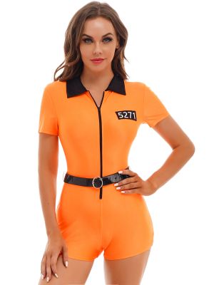 iEFiEL Womens Prisoner Role Play Costume Fancy Ball Halloween Party Outfit Jumpsuit with Belt