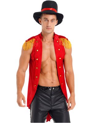 iEFiEL Mens Circus Ringmaster Role Play Outfit Halloween Showman Costume Sleeveless Velvet Tailcoat Jacket with Hat