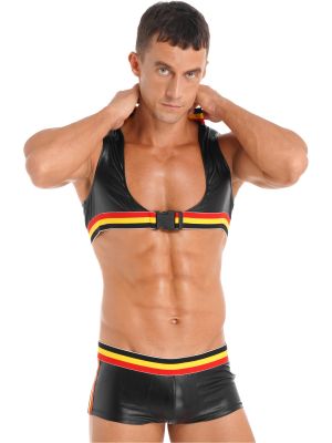 iEFiEL Mens Halloween Firemen Role Play Costume Outfit Striped Open Front Crop Top with Shorts