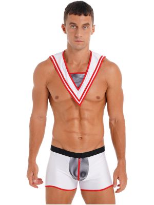 iEFiEL Mens Halloween Sailor Role Play Costume Nightwear Striped Detachable Collar Tops with Shorts