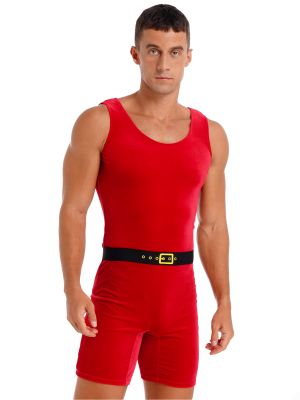 iEFiEL Mens Christmas Halloween Cosplay Costume Theme Party Outfit Sleeveless Velvet Jumpsuit with Elastic Belt