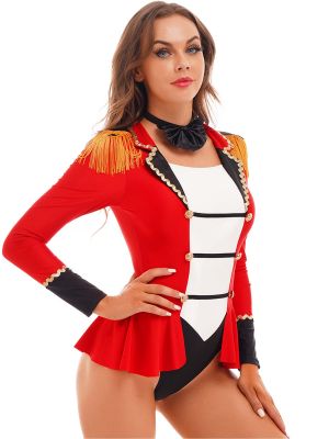 iEFiEL Womens Circus Ringmaster Role Play Costume Halloween Showman Long Sleeve Jumpsuit Skirted Bodysuit with Bow Tie