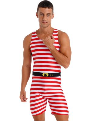 iEFiEL Mens Christmas Costume Role Play Outfit Stripes Sleeveless Jumpsuit Bodysuit One-piece Swimsuit