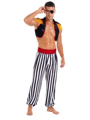 iEFiEL Mens Halloween Pirate Costume Theme Party Role Play Outfit Velvet Vest Crop Top with Pants Headband Eye Patch