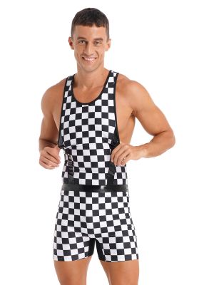 iEFiEL Mens Racing Driver Role Play Halloween Costume Sleeveless Jumpsuit Patchwork Bodysuit