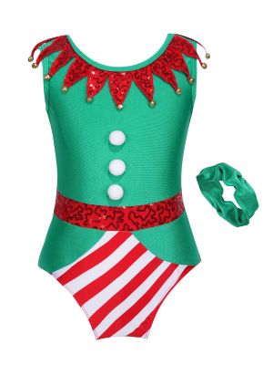 iEFiEL Kids Christmas Dress Up Costume Color Block Jumpsuit Bell Pompoms Sequins Leotard with Headband Outfit