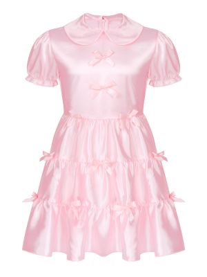 Men Sissy Puff Sleeve Bowknot Ruffle Satin A-line Dress