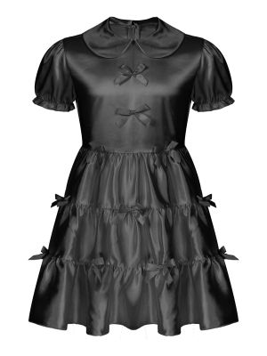 Men Sissy Puff Sleeve Bowknot Ruffle Satin A-line Dress