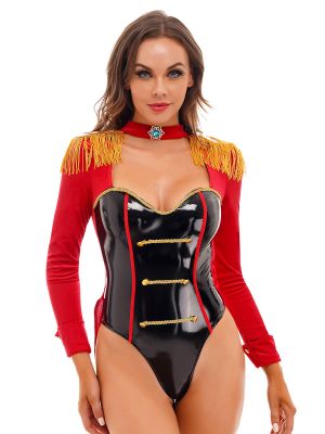 iEFiEL Womens Halloween Circus Ringmaster Role Play Costume Tassels Long Sleeve Bodysuit Swallow-Tailed Catsuit