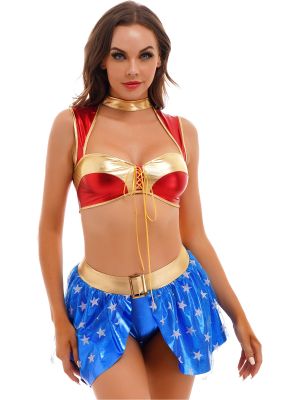 iEFiEL Womens Halloween Theme Party Role Play Costume Cutout Crop Top Layered Mini Skirt