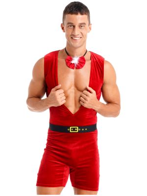 iEFiEL Mens Christmas Party Costume Deep V Neck Velvet Bodysuit Jumpsuit with Belt Feather Trim Bowtie