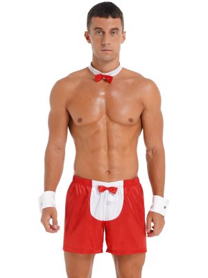 iEFiEL Mens Waiter Role Play Outfit Christmas Theme Party Costume Nightwear Satin Shorts with Bowtie Cuffs