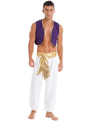 iEFiEL Mens Halloween Theme Party Costume Role Play Stage Performance Outfit Sequin Trim Waistcoat with Belted Pants