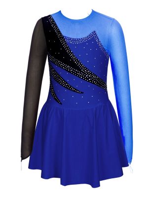 iEFiEL Girls Long Sleeve Contrast Color Rhinestone Decorated Hollow Back Skating Dance Dress