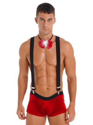 iEFiEL Mens Christmas Costume Nightwear Low Rise Bulge Pouch Velvet Boxer Shorts with Suspenders Bow Tie