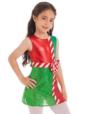 iEFiEL Kids Girls Striped Color Block Christmas Dress Up Costume Back Cutout Shiny Layers Skirt Jumpsuit