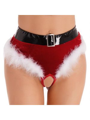 iEFiEL Womens Christmas Feather Trim Velvet Briefs Crotchless Thong Patent Leather Waistband Panties Underwear