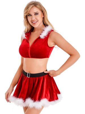 iEFiEL Womens Christmas Outfit Role Play Costume Feather Trim Hooded Velvet Sleeveless Crop Top Ruffle Mini Skirt