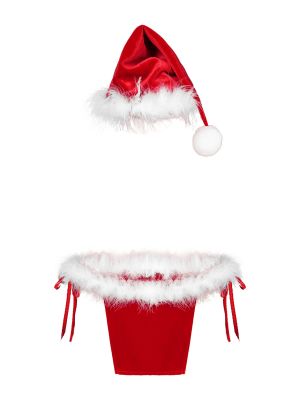 iEFiEL Mens Christmas Outfit Nightwear Club Performance Costume Feather Trim Lace-up Skirted Thongs with Hat