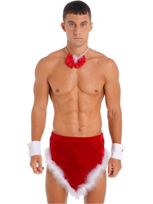 Men Christmas Costume Nightwear Feather Trim Velvet Skirt with Bow Tie Cuffs