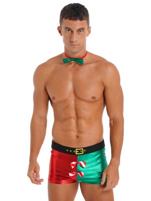 iEFiEL Mens Christmas Party Costume Metallic Shiny Low Rise Boxer Shorts Underwear with Bow Tie