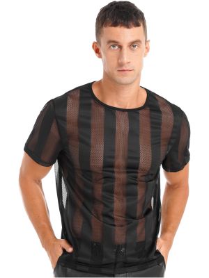 iEFiEL Mens See-through Short Sleeve T-shirt Hollow Out Mesh Round Neck Striped Tee Top Clubwear