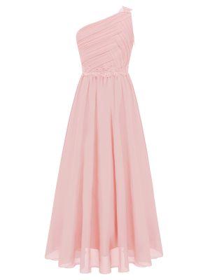 iEFiEL Kids Girls One Shoulder Party Dress Guipure Lace Ruched Chiffon Wedding Evening Maxi Dress 