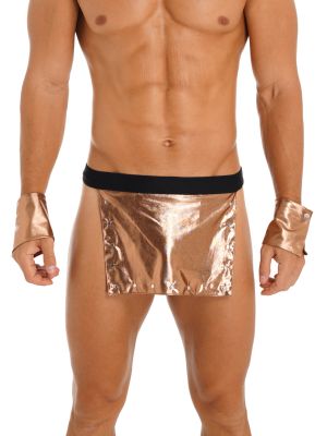 iEFiEL Mens Gladiator Costume Halloween Theme Party Outfit Low Rise Split Skirt Rivet Metallic Mini Skirt with Cuffs
