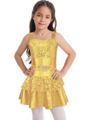 iEFiEL Kids Girls Wide Shoulder Straps Crisscross Back Dancewear Shiny Sequins Diamond Bronzing Cloth Tiered Dance Dress
