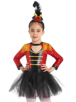 Kids Girls Long Sleeve Sequin Tassel Tutu Dress with Mini Hat for Circus